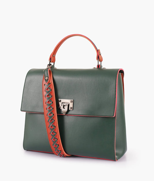 Army green flap-over top-handle bag